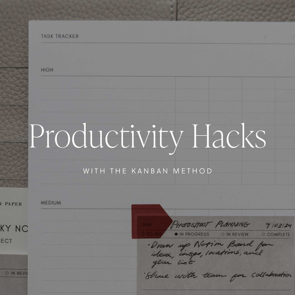 An image showing a Task Tracker Planner Insert featured in September 2024 Intention Box, with a text overlay that reads: Productivity Hacks with the Kanban Method.