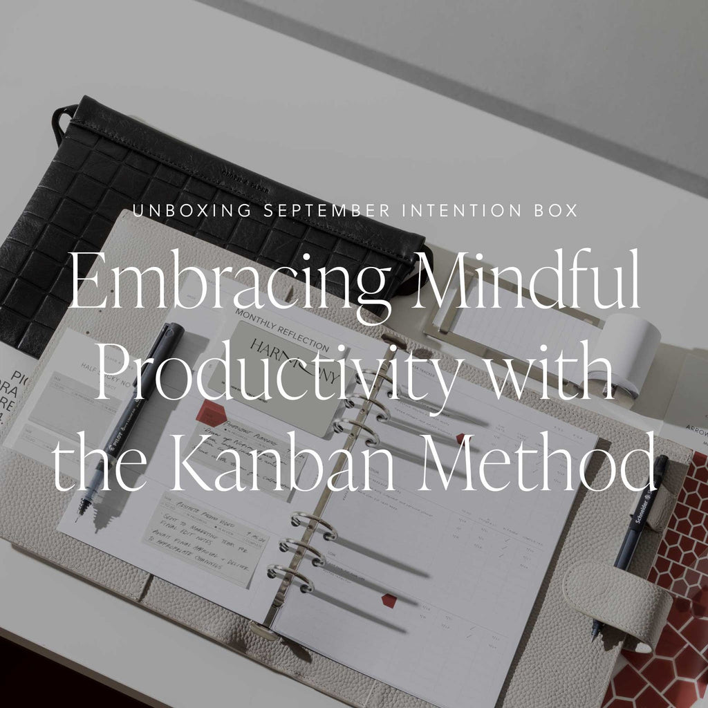 An image showing all the items featured in September 2024 Intention Box, with text overlay that reads: "Unboxing September Intention Box: Embracing Mindful Productivity with the Kanban Method".