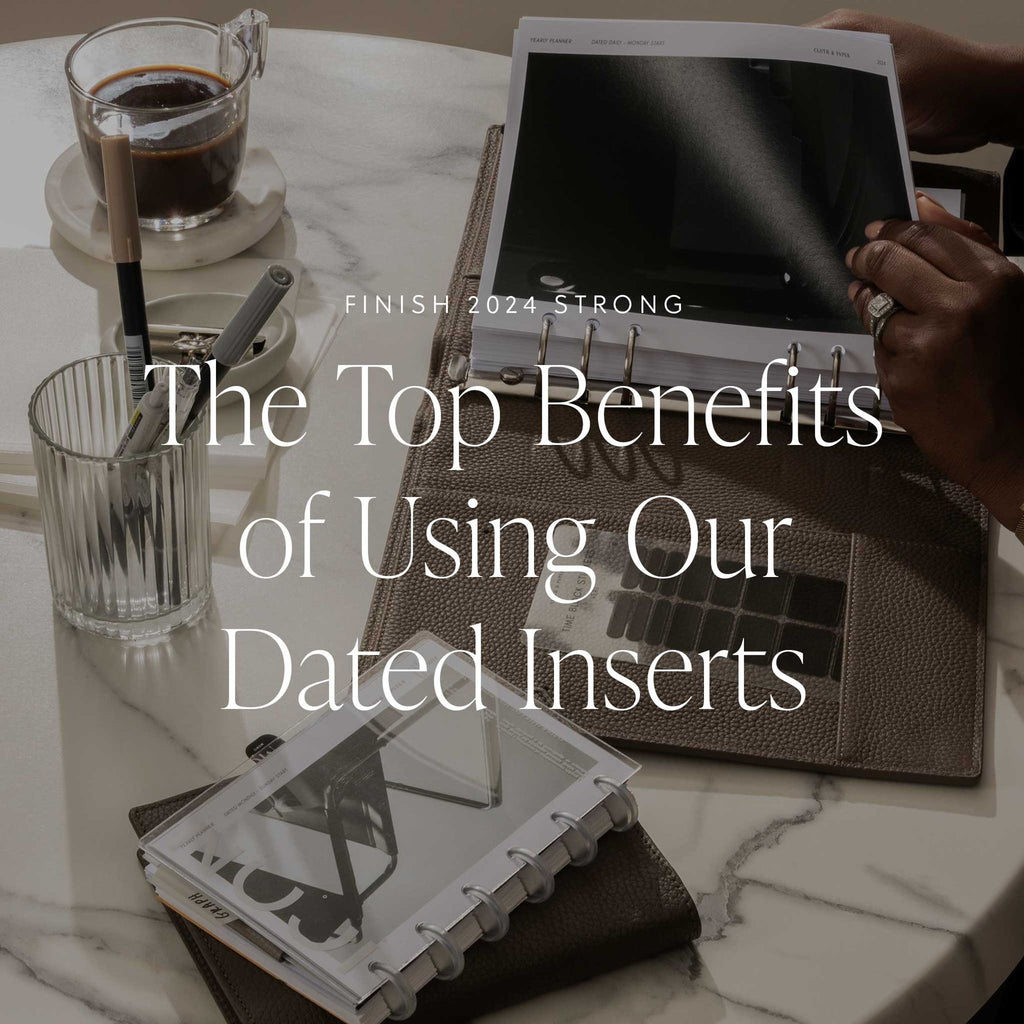 An image of a person flipping through a ring-bound planner on a white table beside a glass of coffee. Text overlay reads: "Finish 2024 Strong: Discover the Benefits of Our Dated Inserts."