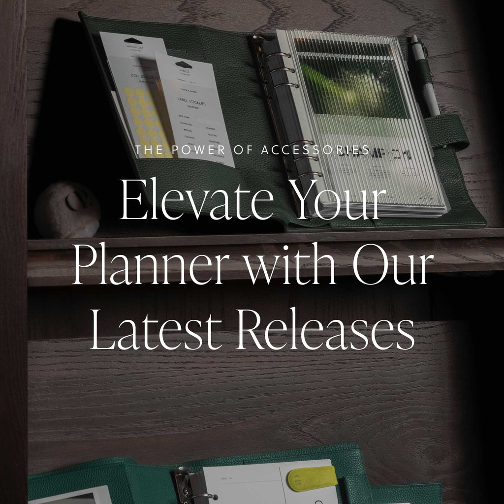 An image showing all the C&P Open Planner Accessories used in a ring bound planner, with text overlay that reads: "The Power of Accessories: Elevate Your Planner with Our Latest Releases."