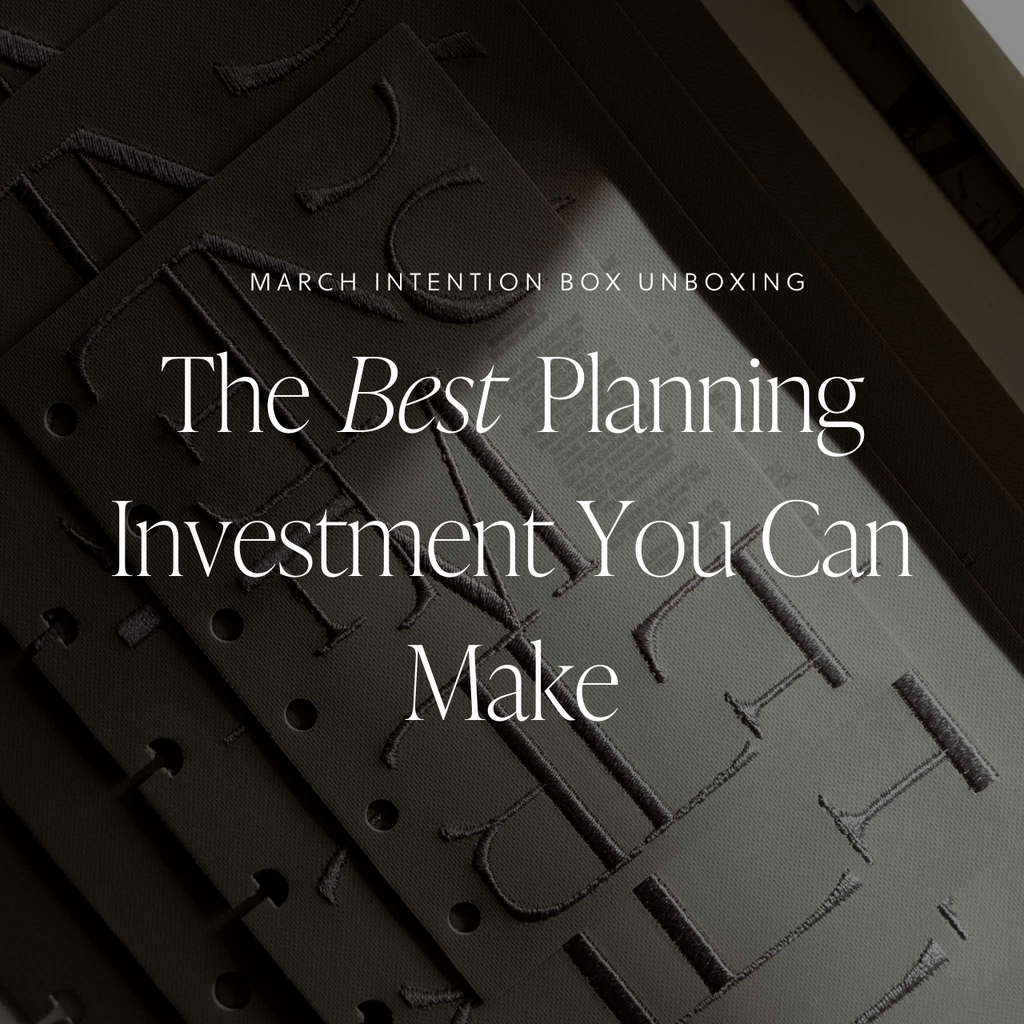 A beautiful stack of Ensemble Dashboards in various sizes sits neatly in a drawer, with a text overlay that reads: “March Intention Box Unboxing: The Best Planning Investment You Can Make.”