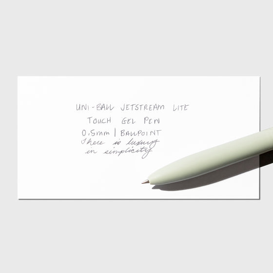 Image shows a pen test sheet of the Uni-ball Jetstream LiteTouch Gel Pen in Sage.