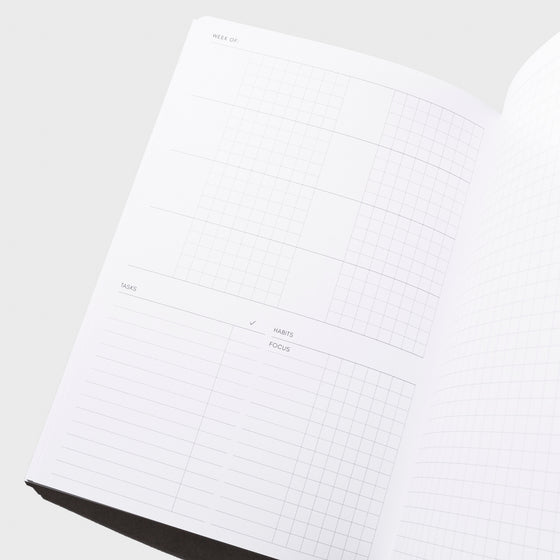 Week Of page inside notebook. Shown is the undated weekly schedule, task list, and habit list.