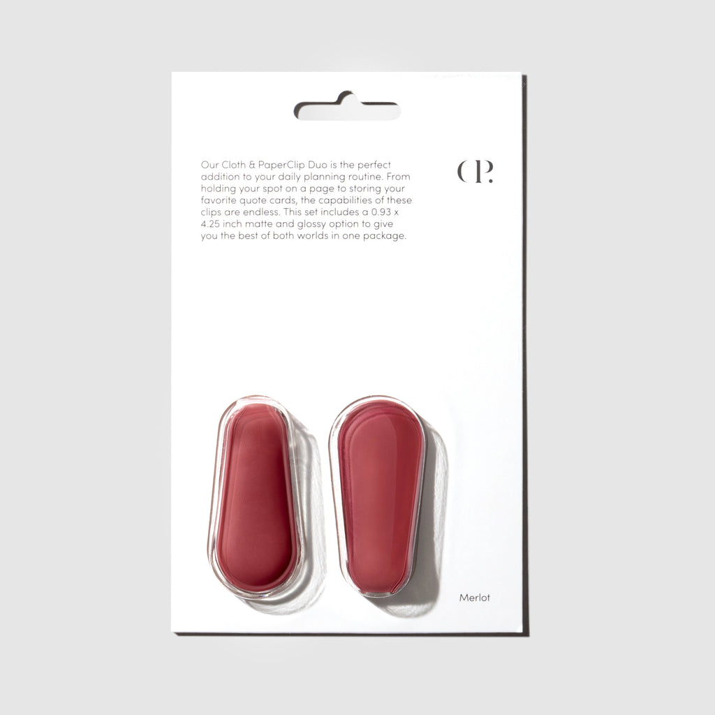 Cloth and Paperclip, Merlot, Cloth and Paper. Set of clips in their packaging displayed on a neutral background.