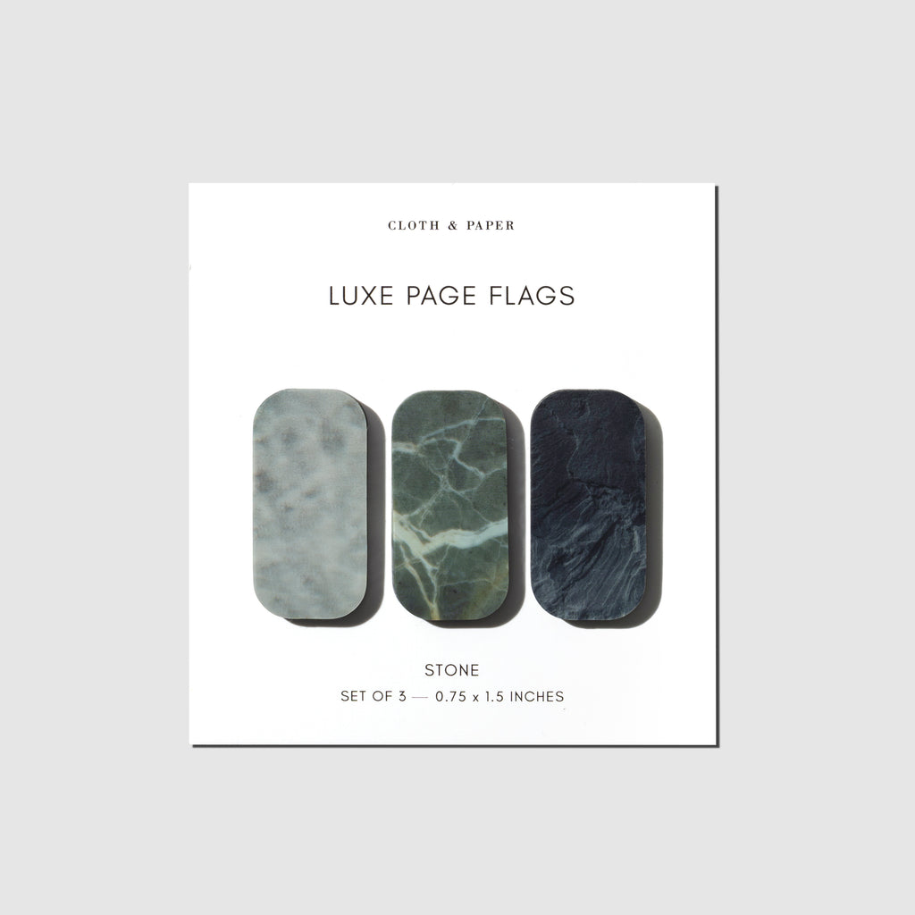 Luxe Page Flags, Stone, Cloth and Paper. Set of 3 page flags displayed on their backing on a neutral background.