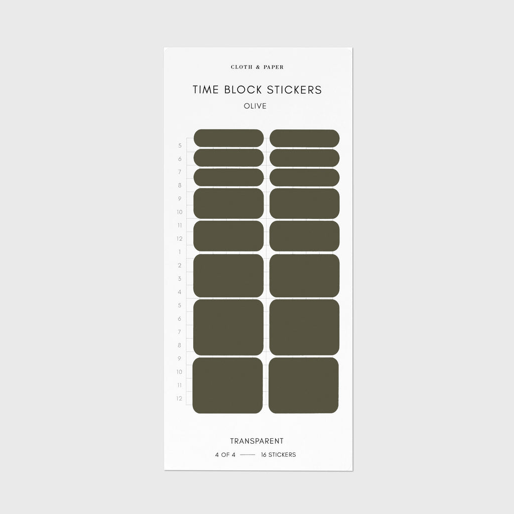 Olive green time block stickers displayed on a white background.