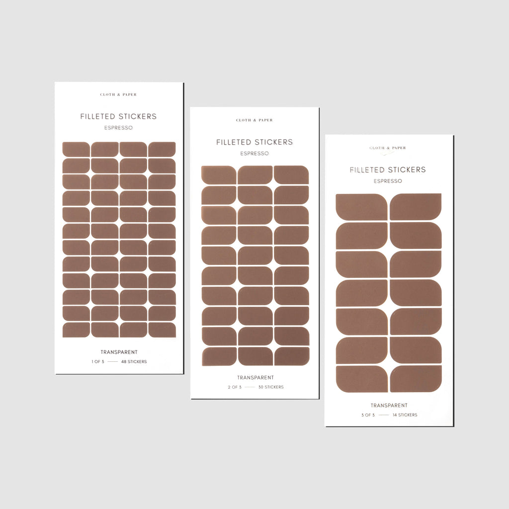 Filleted Sticker Set, Espresso, Cloth and Paper. Set of 3 sticker sheets displayed on a neutral background. Color shown is Espresso.