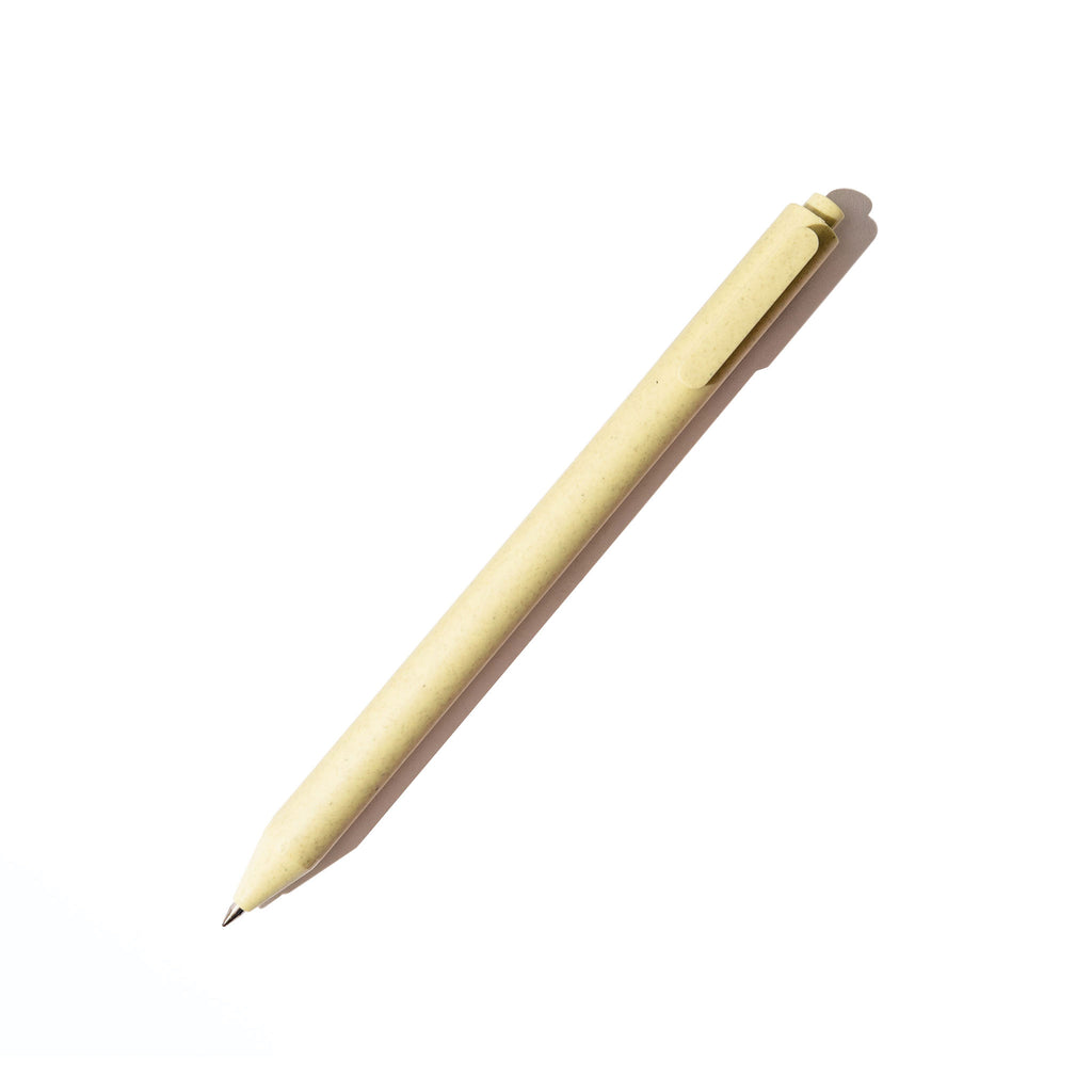 Yellow pen displayed on a white background.