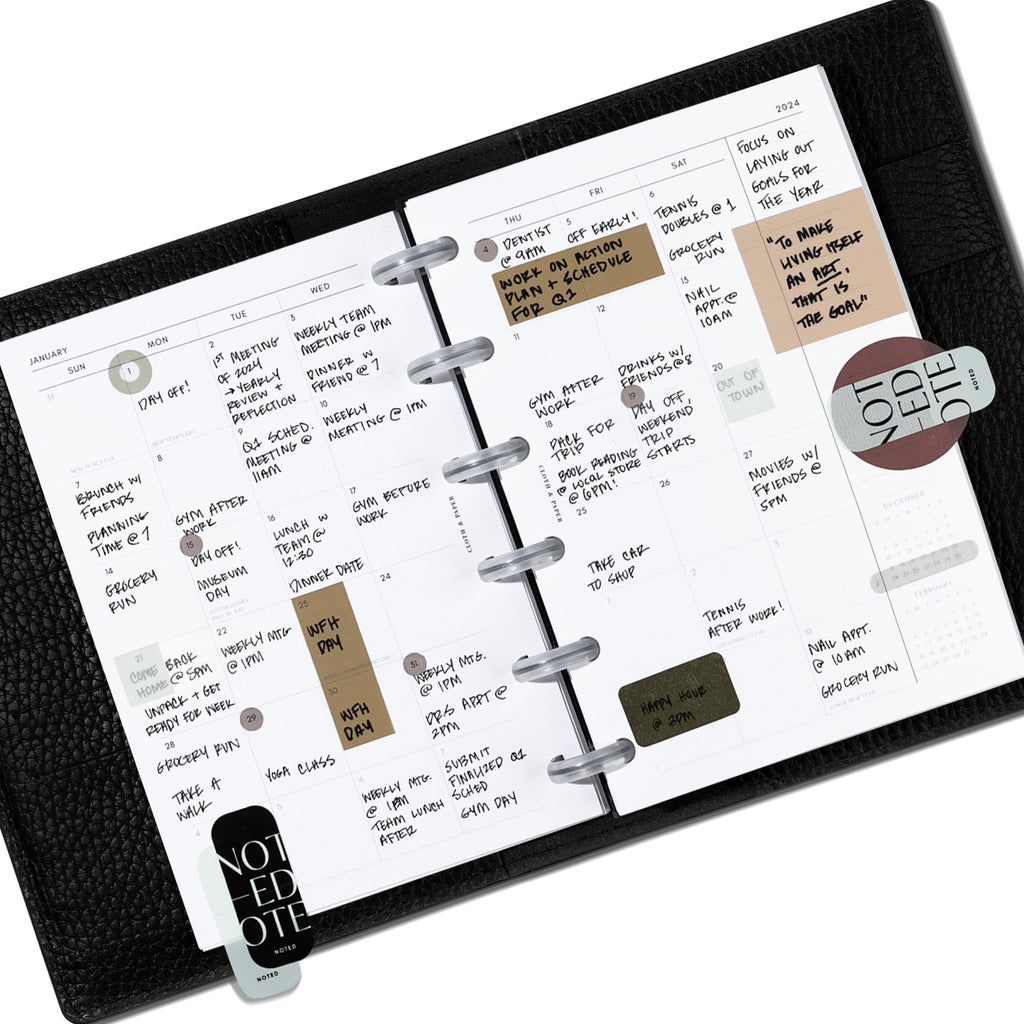 CP Petite insert spread shown in use inside a black leather agenda.