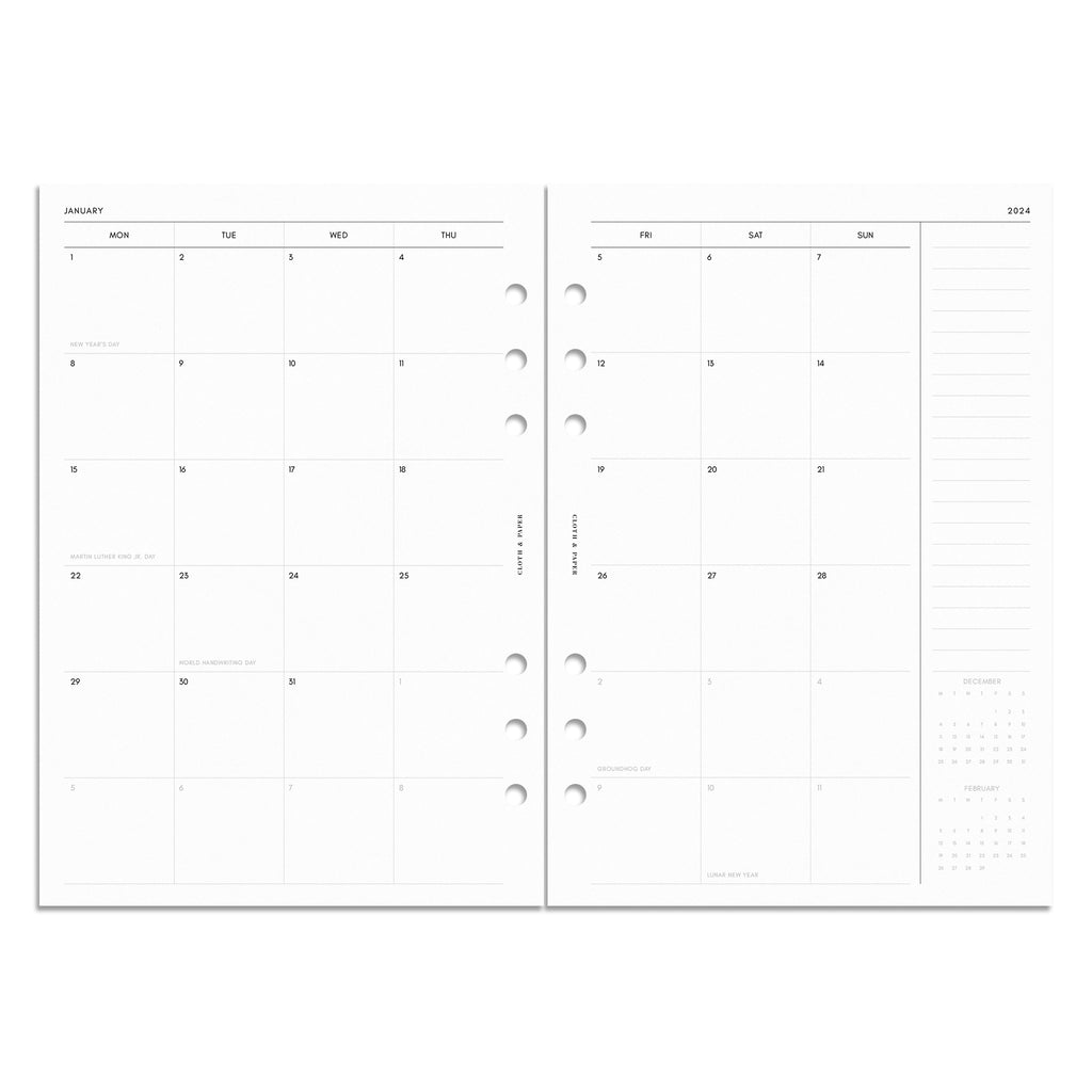 2024 Dated Planner Inserts, Monthly Monday Start, Cloth and Paper. Digital mockup of inserts in A5. 