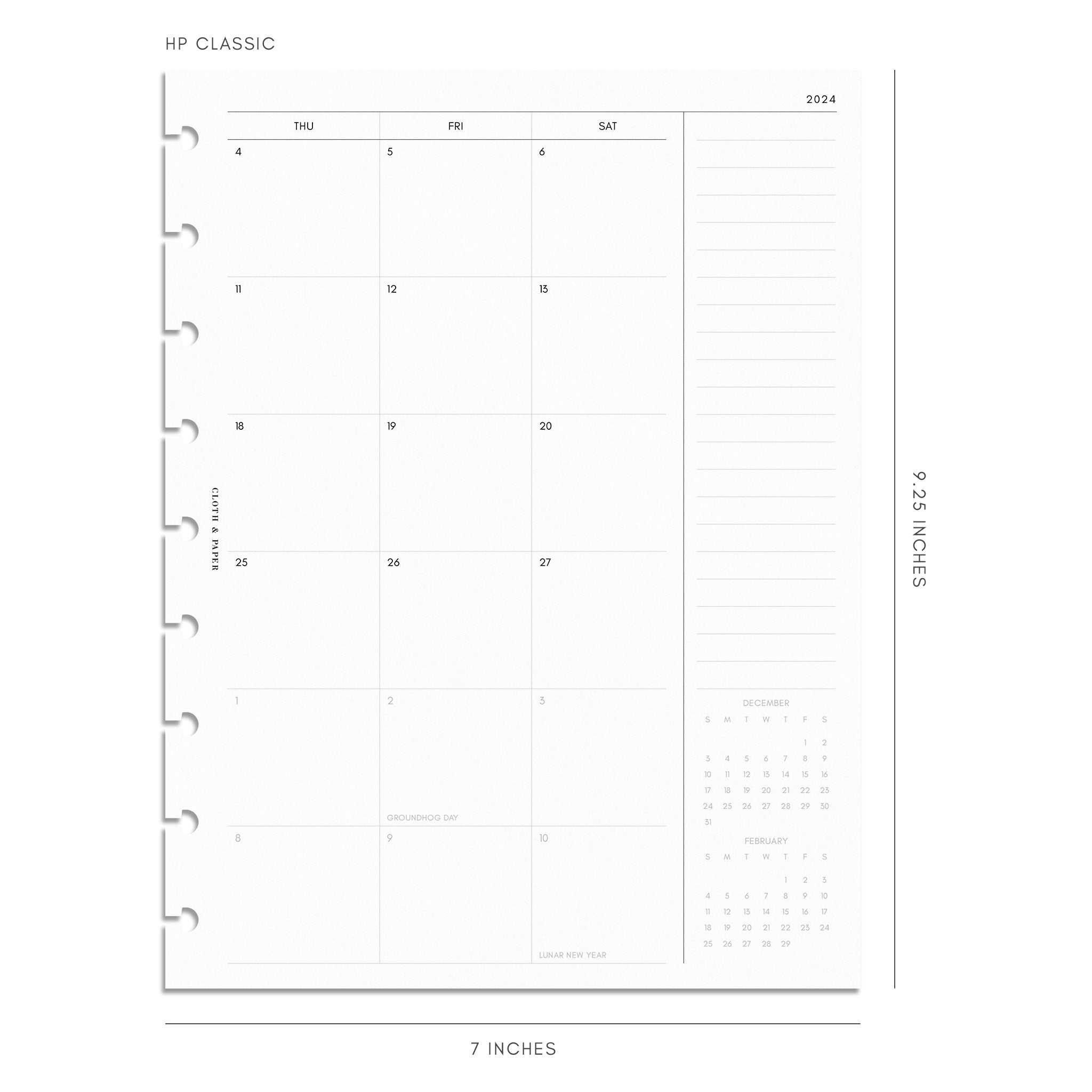  2024 Monthly Planner Calendar Refills for A5 Size