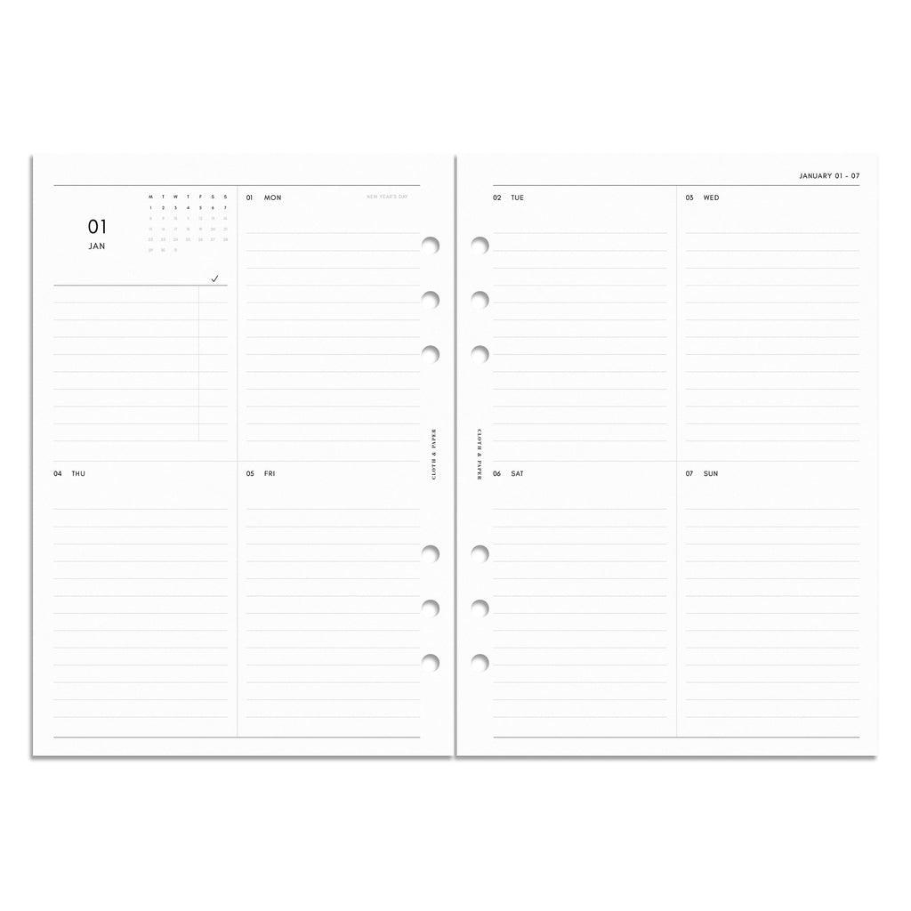 2024 Dated Planner Inserts, Vertical Weekly Lined Monday Start, Cloth and Paper. Digital mockup of insert in A5. 