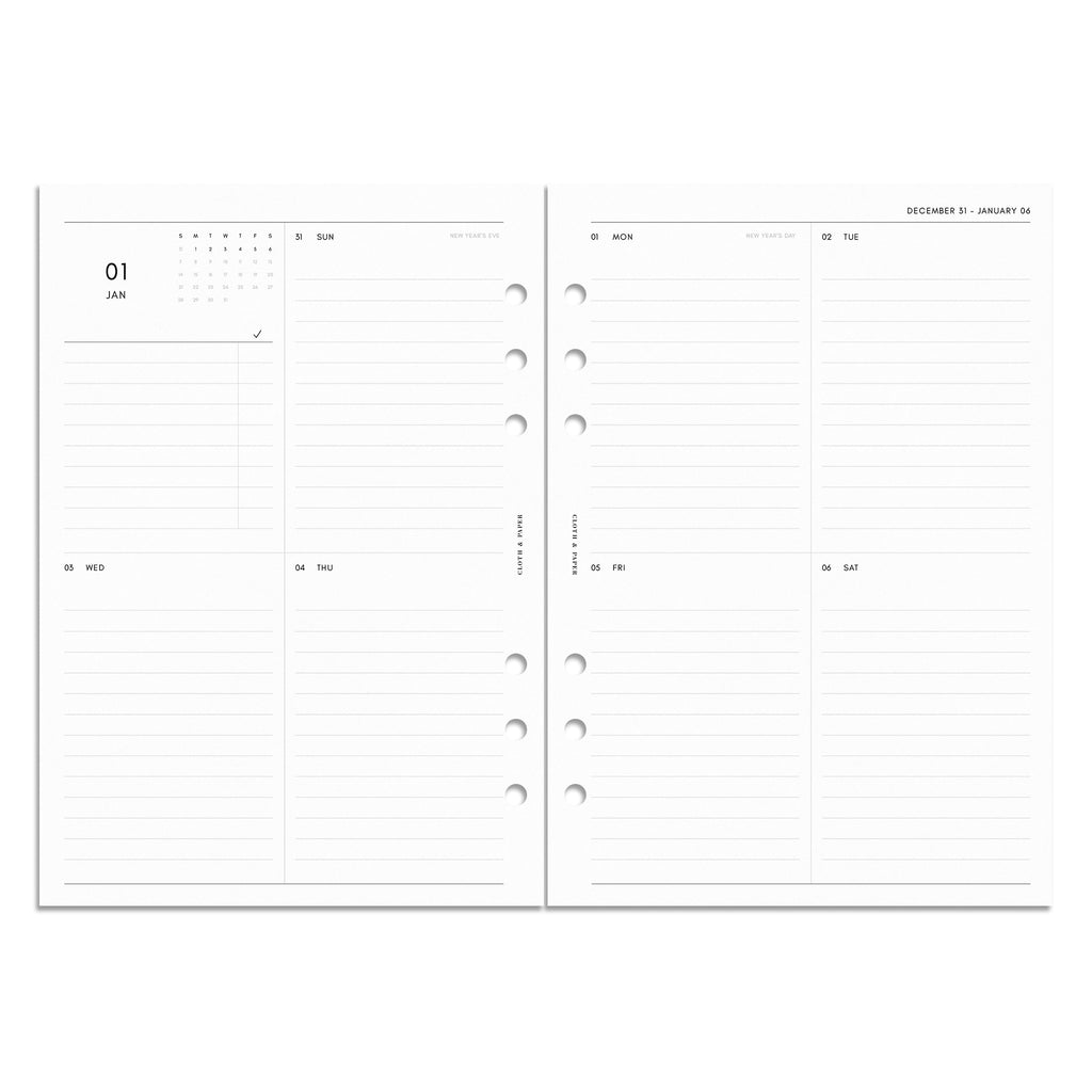 2024 Dated Planner Inserts, Vertical Weekly Sunday Start, Cloth and Paper. Digital mockup of inserts in A5.