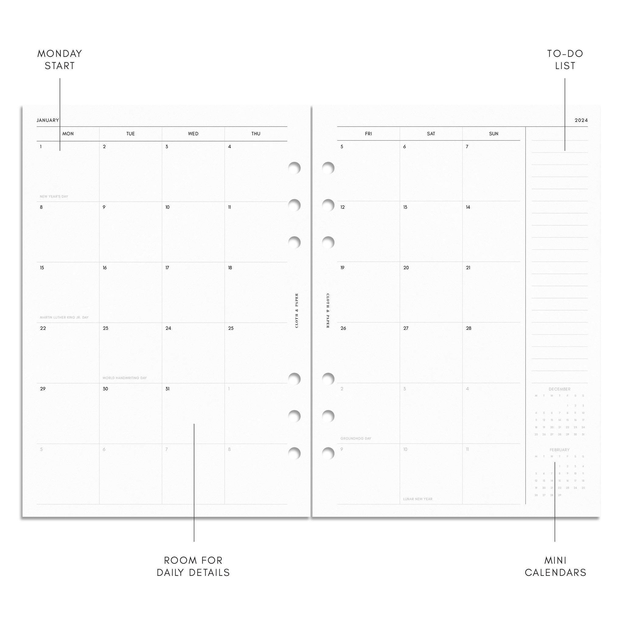 2024 Daily & Monthly Planner Refills A5 Size - Appointment Schedule & To Do  List, Monthly Tabs, 6-Hole Punched, Jan 2024 - Dec 2024