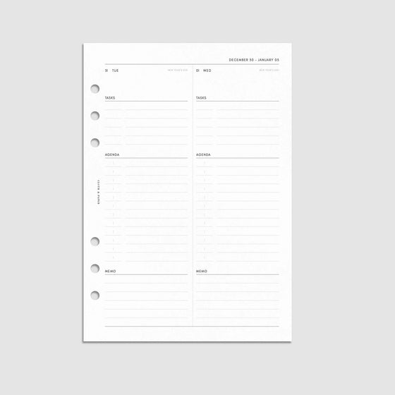 Digital mockup of the 2025 Dated Daily Planner Insert | Monday Start showing the daily spread. Size shown is A5.