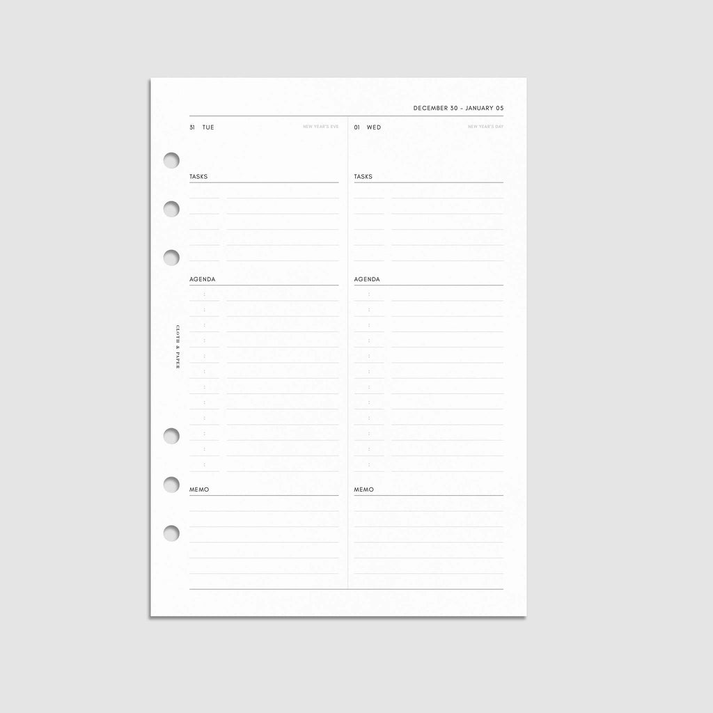 Digital mockup of the 2025 Dated Daily Planner Insert | Monday Start showing the daily spread. Size shown is A5.