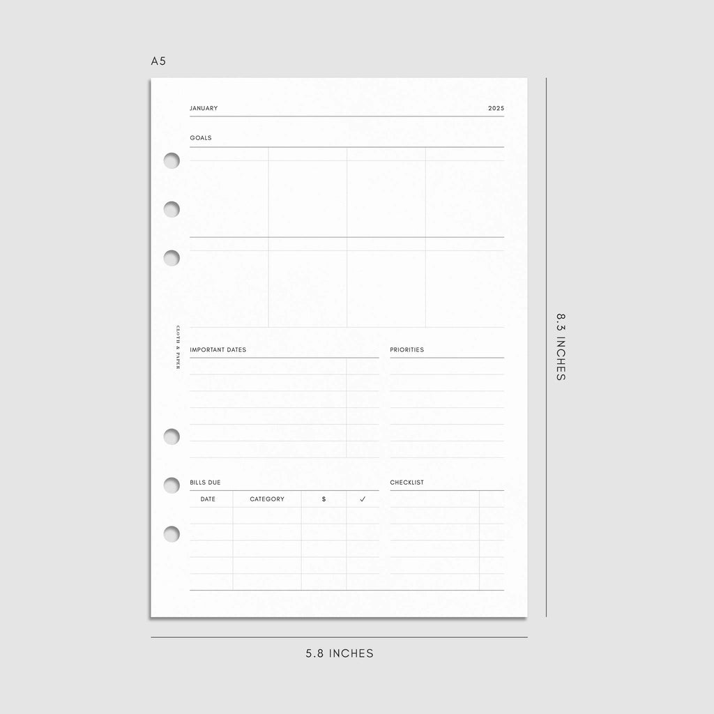 Digital mockup of the 2025 Dated Daily Planner Insert | Monday Start showing the goals and priorities page. Size shown is A5.