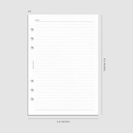 Digital mockup of the 2025 Dated Daily Planner Insert | Monday Start showing the lined notes. Size shown is A5.