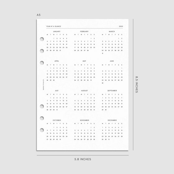 Digital mockup of the 2025 Dated Daily Planner Insert | Monday Start showing the year at a glance page. Size shown is A5.