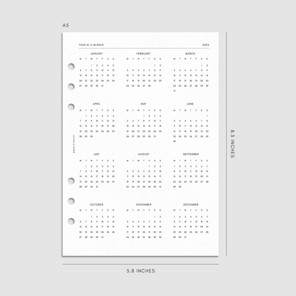 Digital mockup of the 2025 Dated Daily Planner Insert | Monday Start showing the year at a glance page. Size shown is A5.