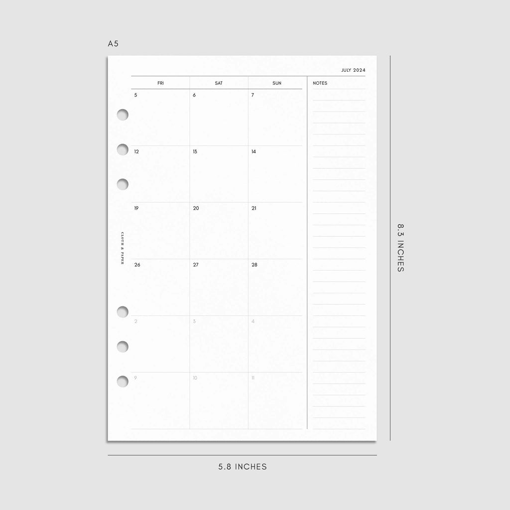 Digital mockup of the 2024-2025 Dated Academic Planner Inserts showing the to-do list of the monthly calendar spread. Size shown is A5.