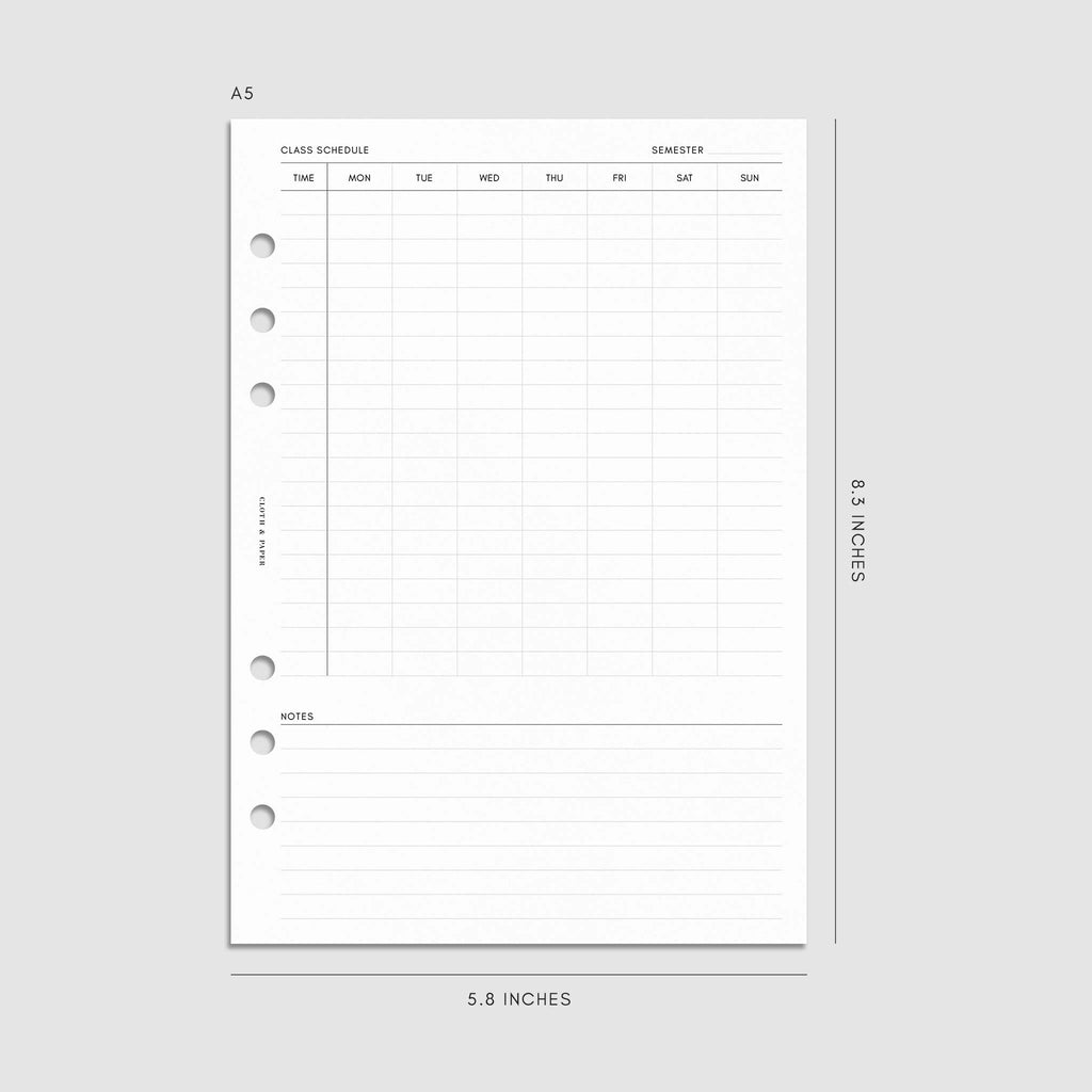 Digital mockup of the 2024-2025 Dated Academic Planner Inserts showing the class schedule. Size shown is A5.