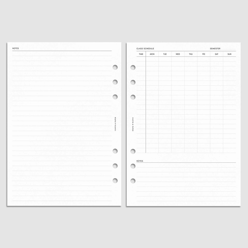 Digital mockup of the 2024-2025 Dated Academic Planner Inserts showing sections for the class schedule and the lined notes. Size shown is A5.