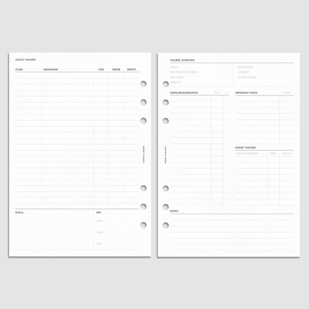 Digital mockup of the 2024-2025 Dated Academic Planner Inserts showing sections for the grade tracker, the course overview, the list of important dates, and other key pieces of information to meet the academic goals. Size shown is A5.