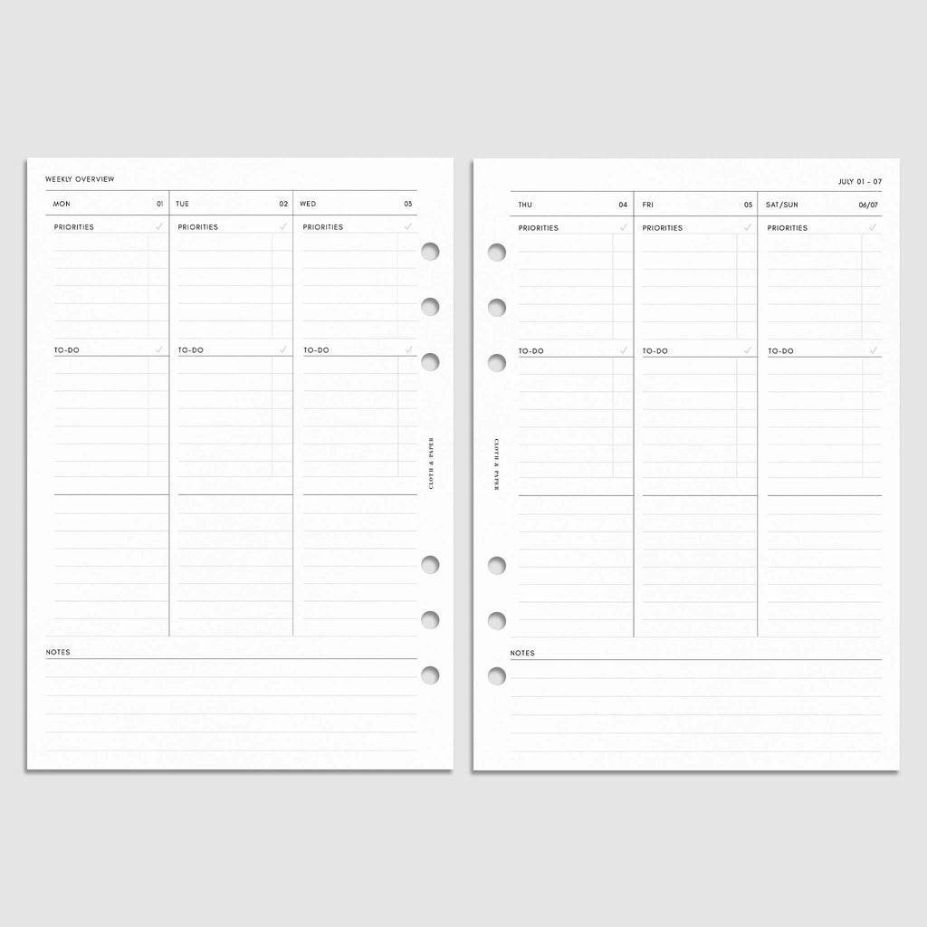 Digital mockup of the 2024-2025 Dated Academic Planner Inserts showing the weekly spread. Size shown is A5.