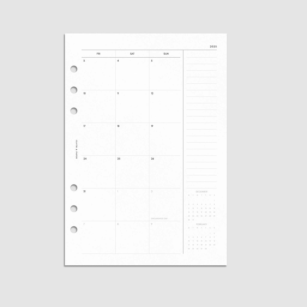 Digital mockup of the 2025 Dated Monthly Planner Insert | Monday Start showing the to-do list of the monthly calendar spread. Size shown is A5.