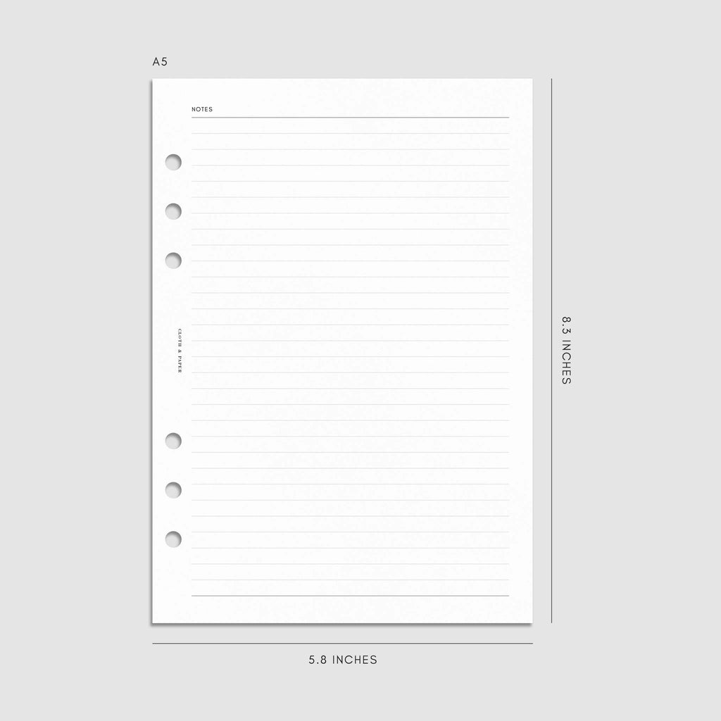 Digital mockup of the 2025 Dated Monthly Planner Insert | Monday Start showing the lined notes. Size shown is A5.