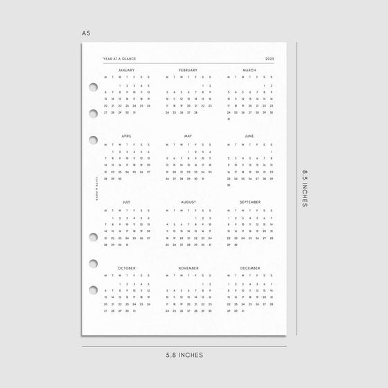 Digital mockup of the 2025 Dated Monthly Planner Insert | Monday Start showing the year at a glance page. Size shown is A5.