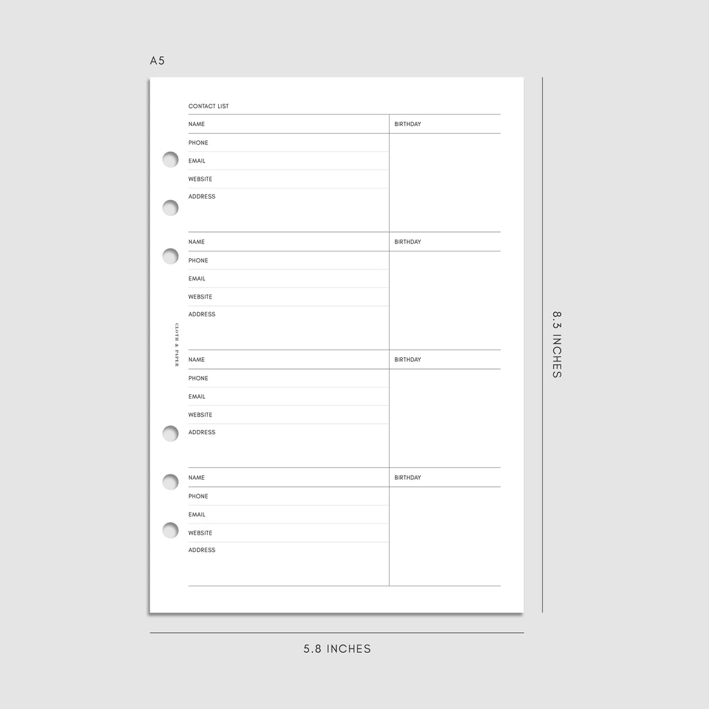 Digital mockup of the 2025 Dated Horizontal Weekly Lined Planner Insert | Monday Start showing the contact list. Size shown is A5.