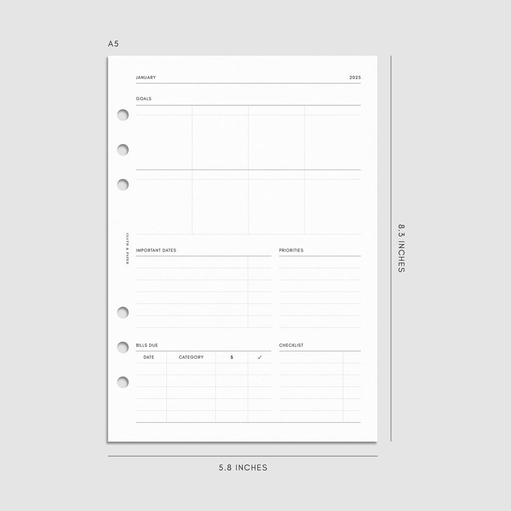 Digital mockup of the 2025 Dated Horizontal Weekly Lined Planner Insert | Monday Start showing the goals and priorities page. Size shown is A5.