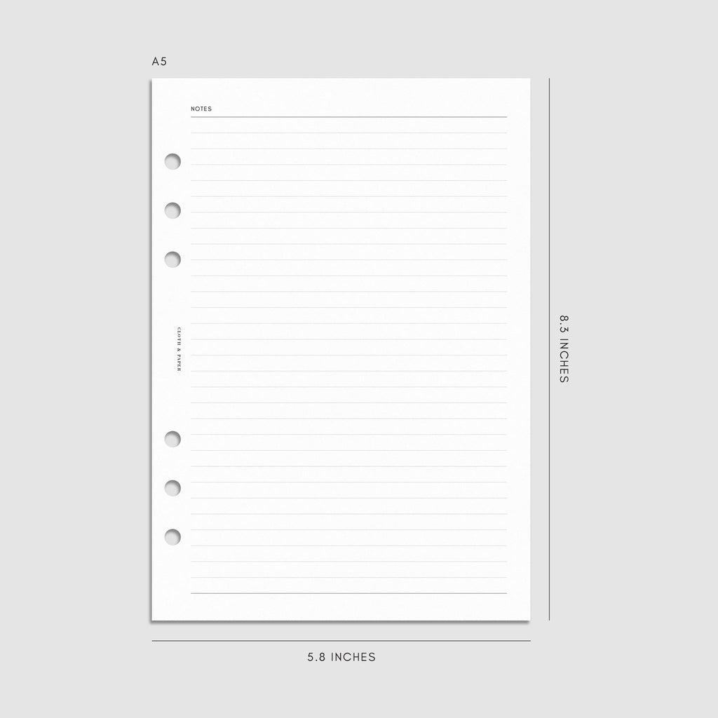 Digital mockup of the 2025 Dated Horizontal Weekly Lined Planner Insert | Monday Start showing the lined notes. Size shown is A5.