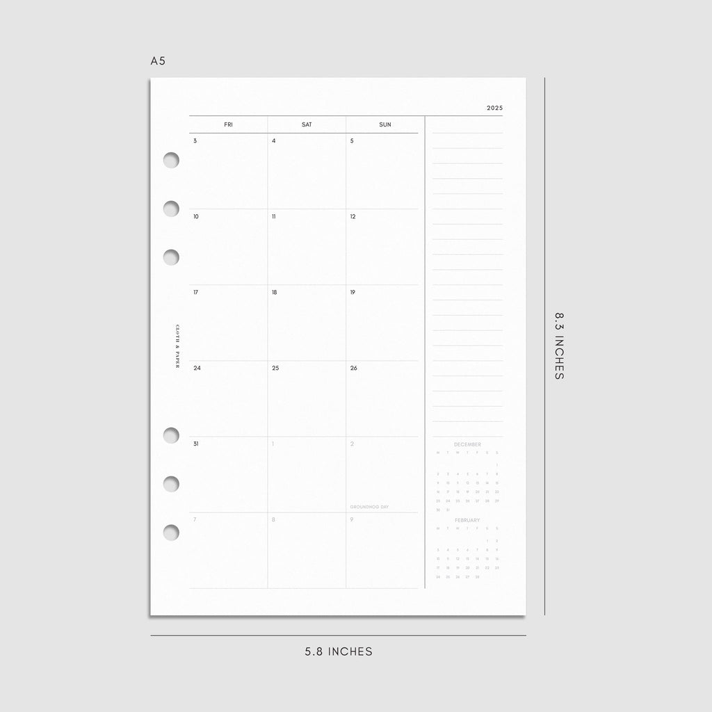 Digital mockup of the 2025 Dated Horizontal Weekly Lined Planner Insert | Monday Start showing the to-do list of the monthly calendar spread. Size shown is A5.