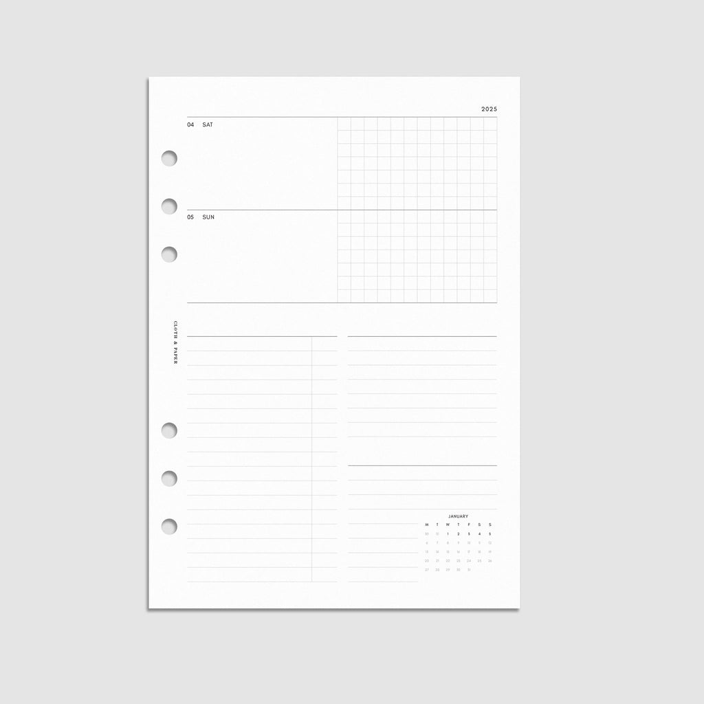 Digital mockup of the 2025 Dated Horizontal Weekly Lined Planner Insert | Monday Start showing the weekly spread. Size shown is A5.