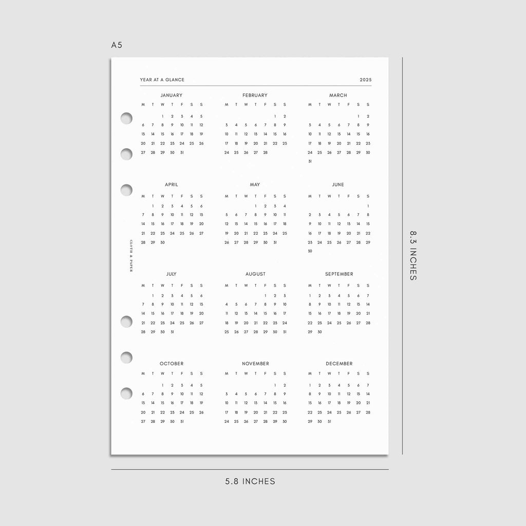 Digital mockup of the 2025 Dated Horizontal Weekly Lined Planner Insert | Monday Start showing the year at a glance page. Size shown is A5.