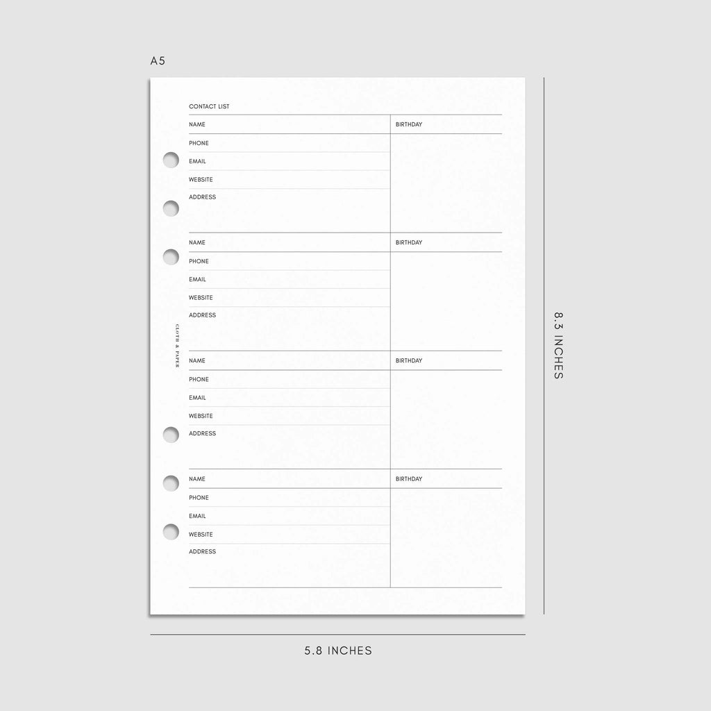 Digital mockup of the 2025 Dated Vertical Weekly Lined Planner Insert | Monday Start showing the contact list. Size shown is A5.