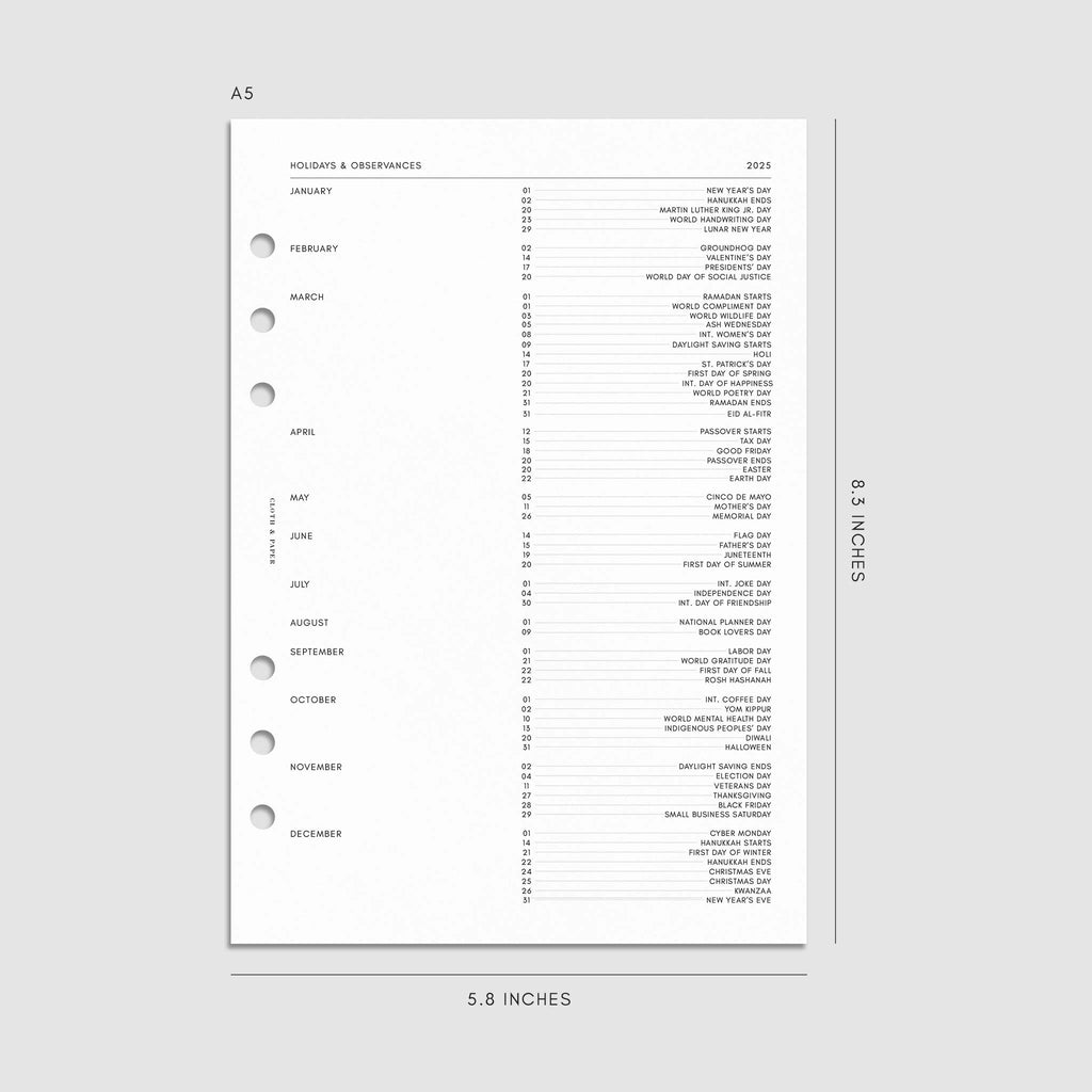 Digital mockup of the 2025 Dated Vertical Weekly Lined Planner Insert | Monday Start showing the holidays and observances page. Size shown is A5.