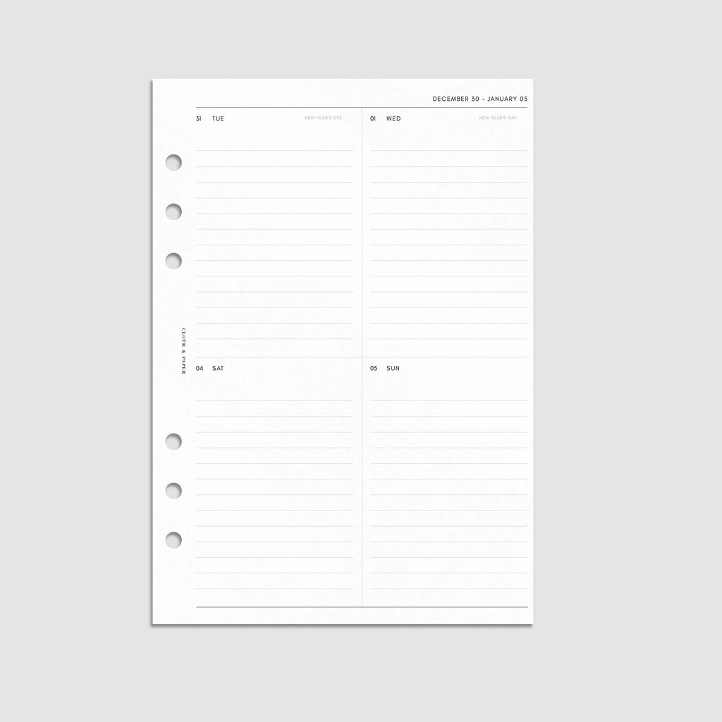 Digital mockup of the 2025 Dated Vertical Weekly Lined Planner Insert | Monday Start showing the weekly spread. Size shown is A5.