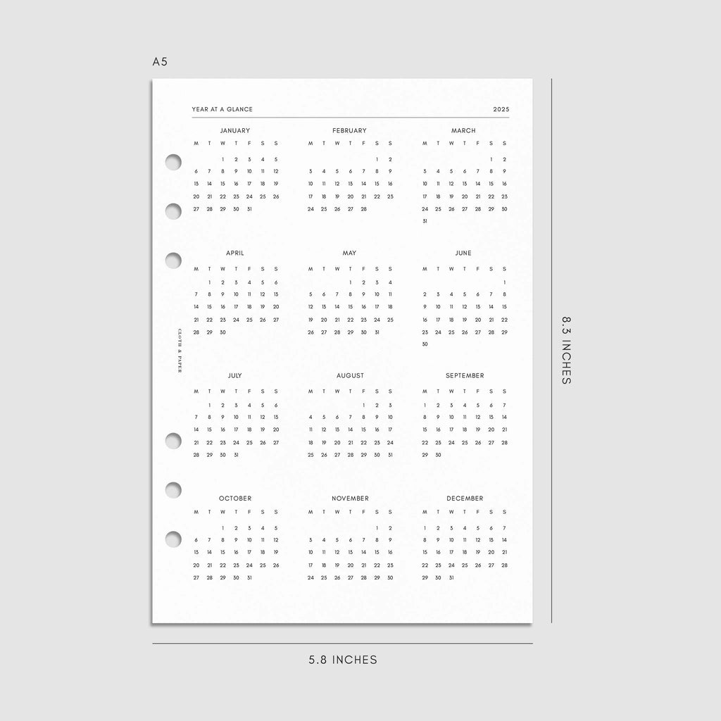 Digital mockup of the 2025 Dated Vertical Weekly Lined Planner Insert | Monday Start showing the year at a glance page. Size shown is A5.