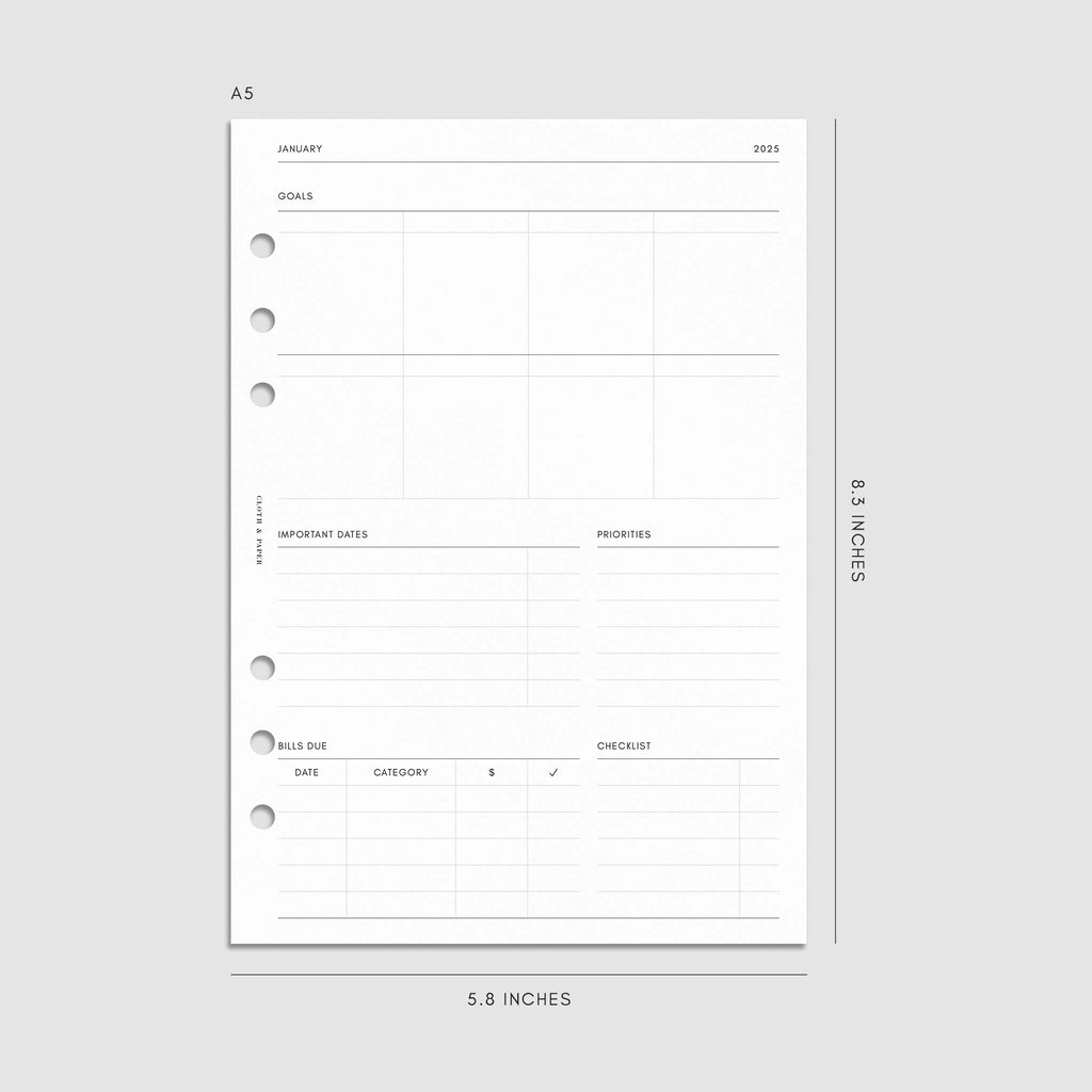 Digital mockup of the 2025 Dated Vertical Weekly Lined Planner Insert | Sunday Start showing the goals and priorities page. Size shown is A5.