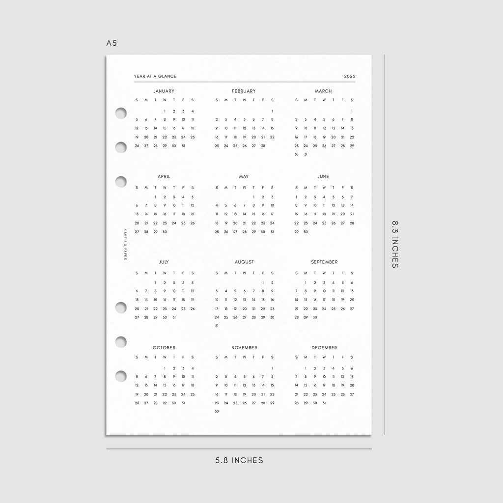 Digital mockup of the 2025 Dated Vertical Weekly Lined Planner Insert | Sunday Start showing the year at a glance page. Size shown is A5.