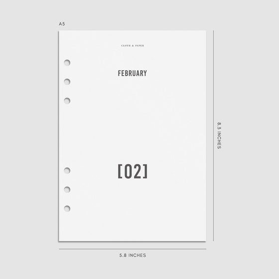 Digital mockup of the 2025 Front and Monthly Vellum Dashboard Overlays showing the month of February. Size shown is A5.