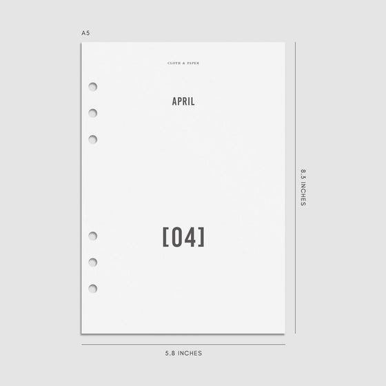 Digital mockup of the 2025 Front and Monthly Vellum Dashboard Overlays showing the month of April. Size shown is A5.