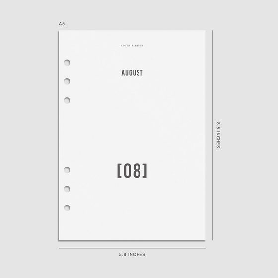 Digital mockup of the 2025 Front and Monthly Vellum Dashboard Overlays showing the month of August. Size shown is A5.