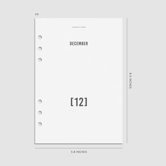 Digital mockup of the 2025 Front and Monthly Vellum Dashboard Overlays showing the month of December. Size shown is A5.