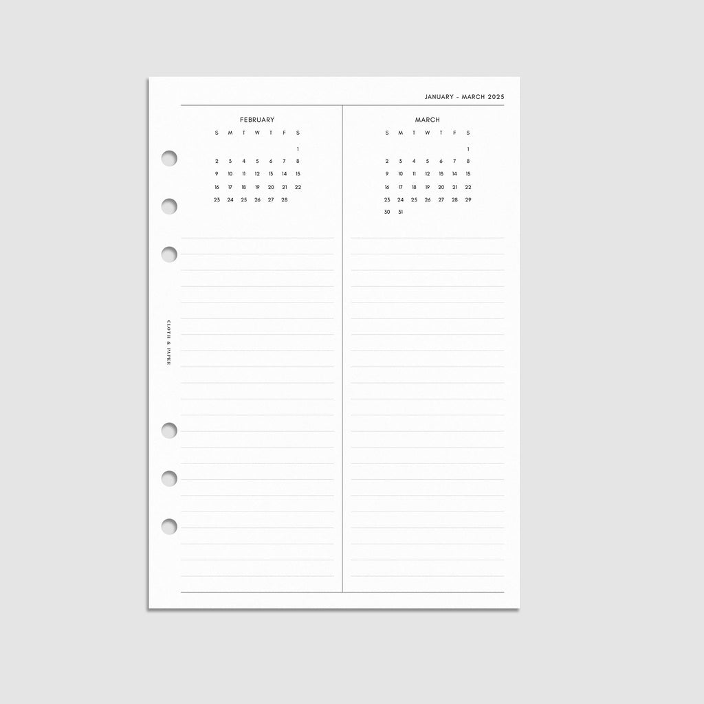 Digital mockup of the 2025 Year Overview Planner Insert showing  Size shown is A5.