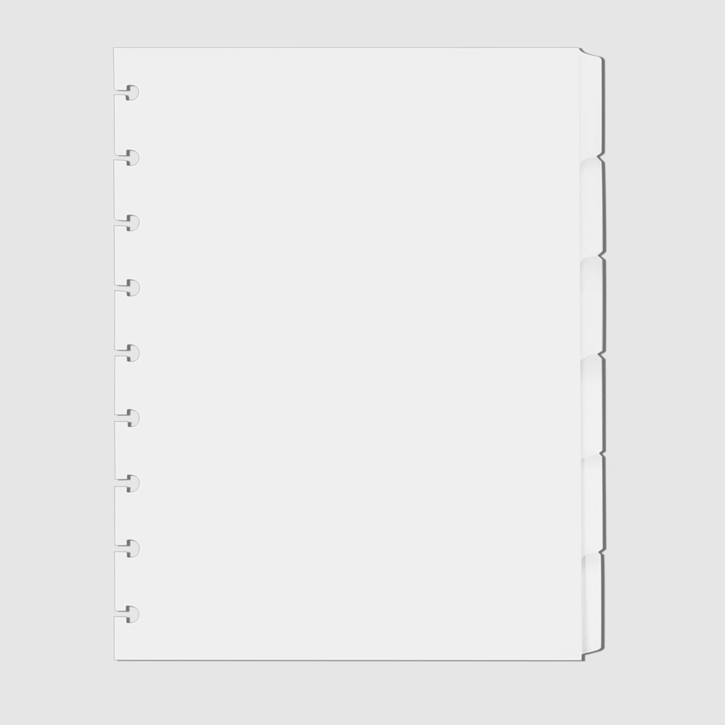 Blank Side Tab Planner Dividers, Glass Plastic, Cloth and Paper. Dividers displayed on a white background.